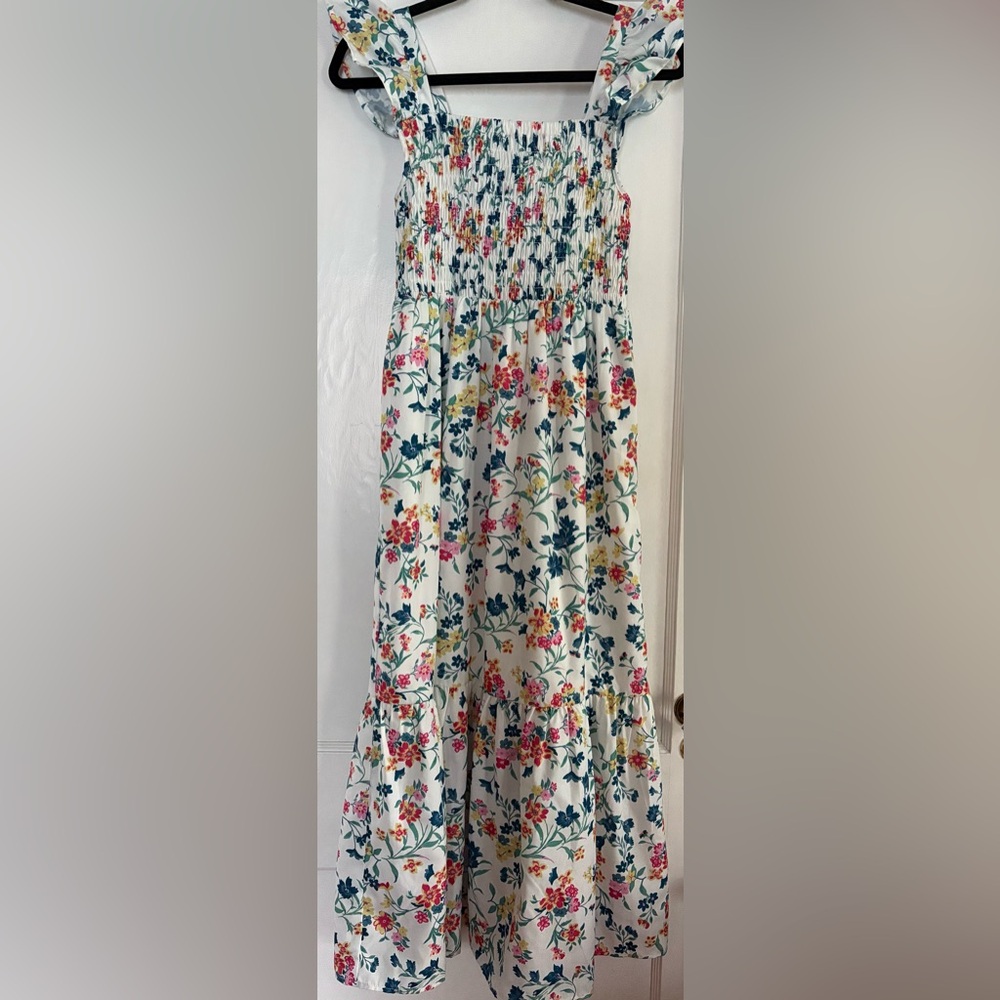 THML Floral Smocked Flutter Sleeve Tiered Hem Maxi Dress